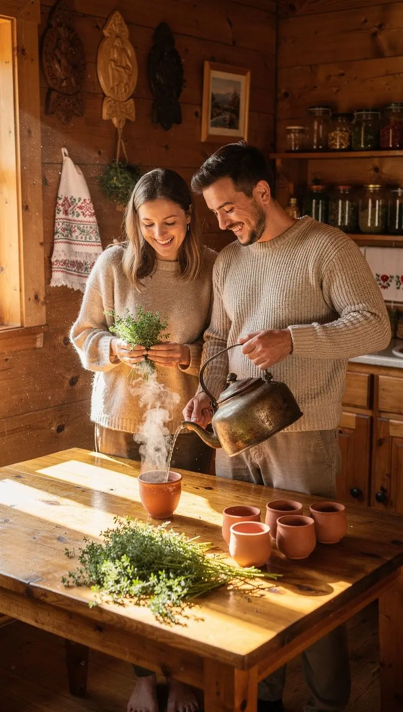 Zber divokého tymiánu v prírode s panorámou hôr v pozadí.